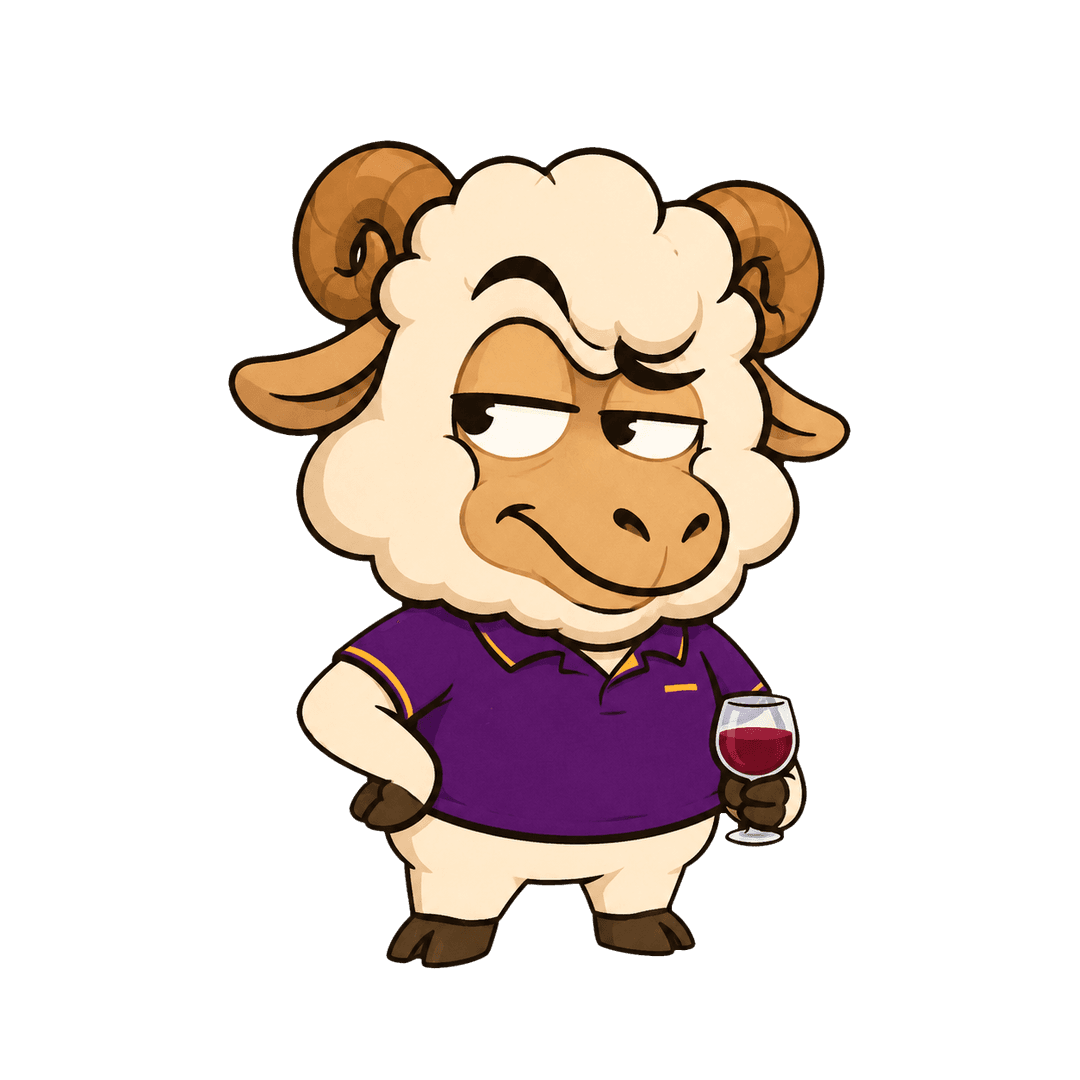 O carneiro mascote do Peabiru Depressivo, de camisa roxa e taça de vinho na mão